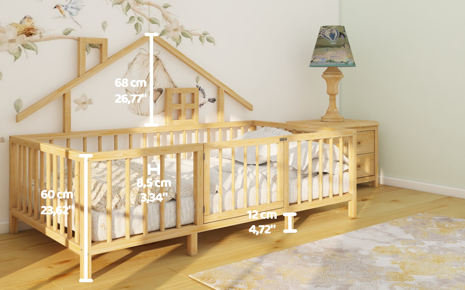 Montessori Natural Wooden Kids Bed with Roof and Legs