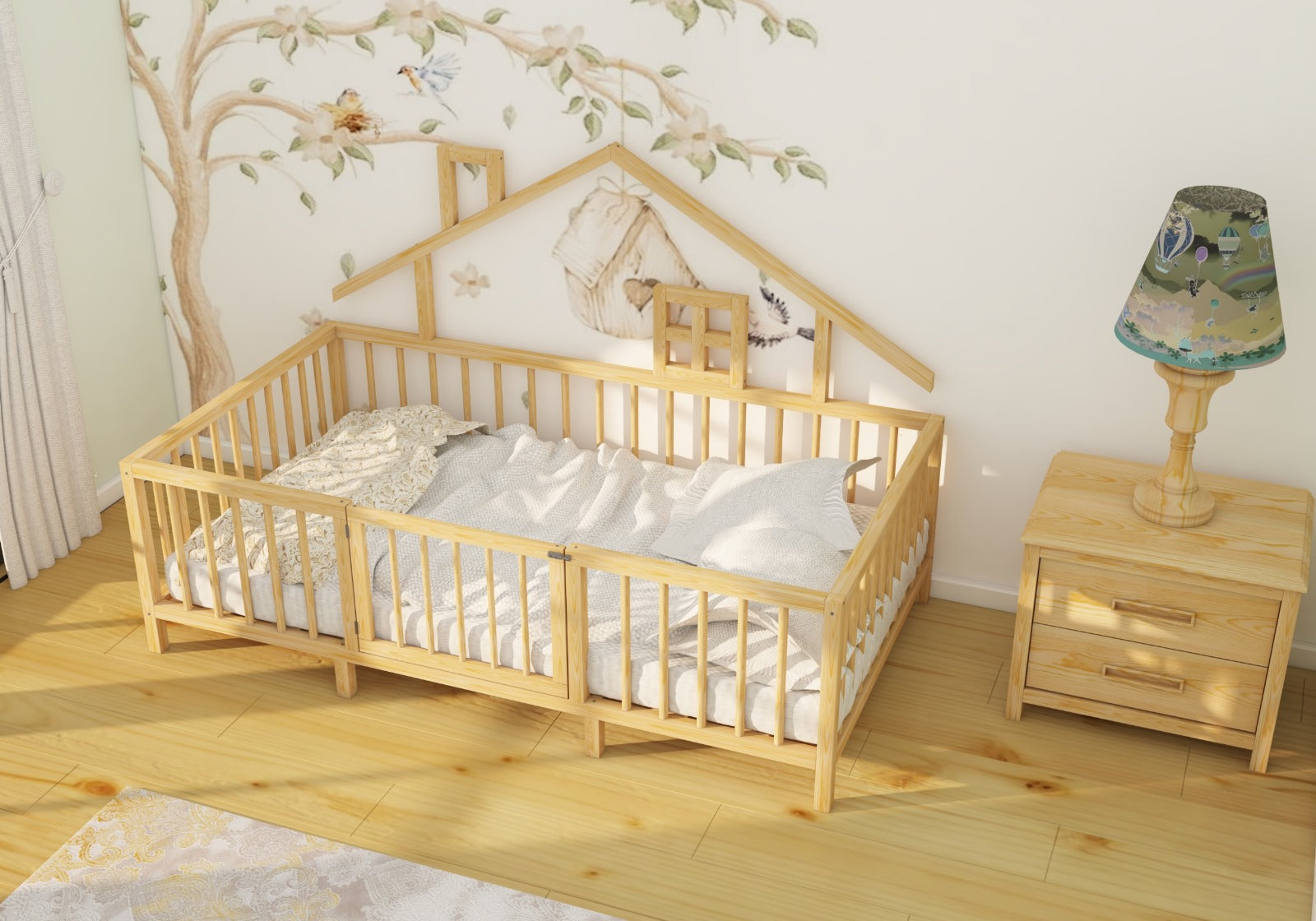 Montessori Natural Wooden Kids Bed with Roof and Legs