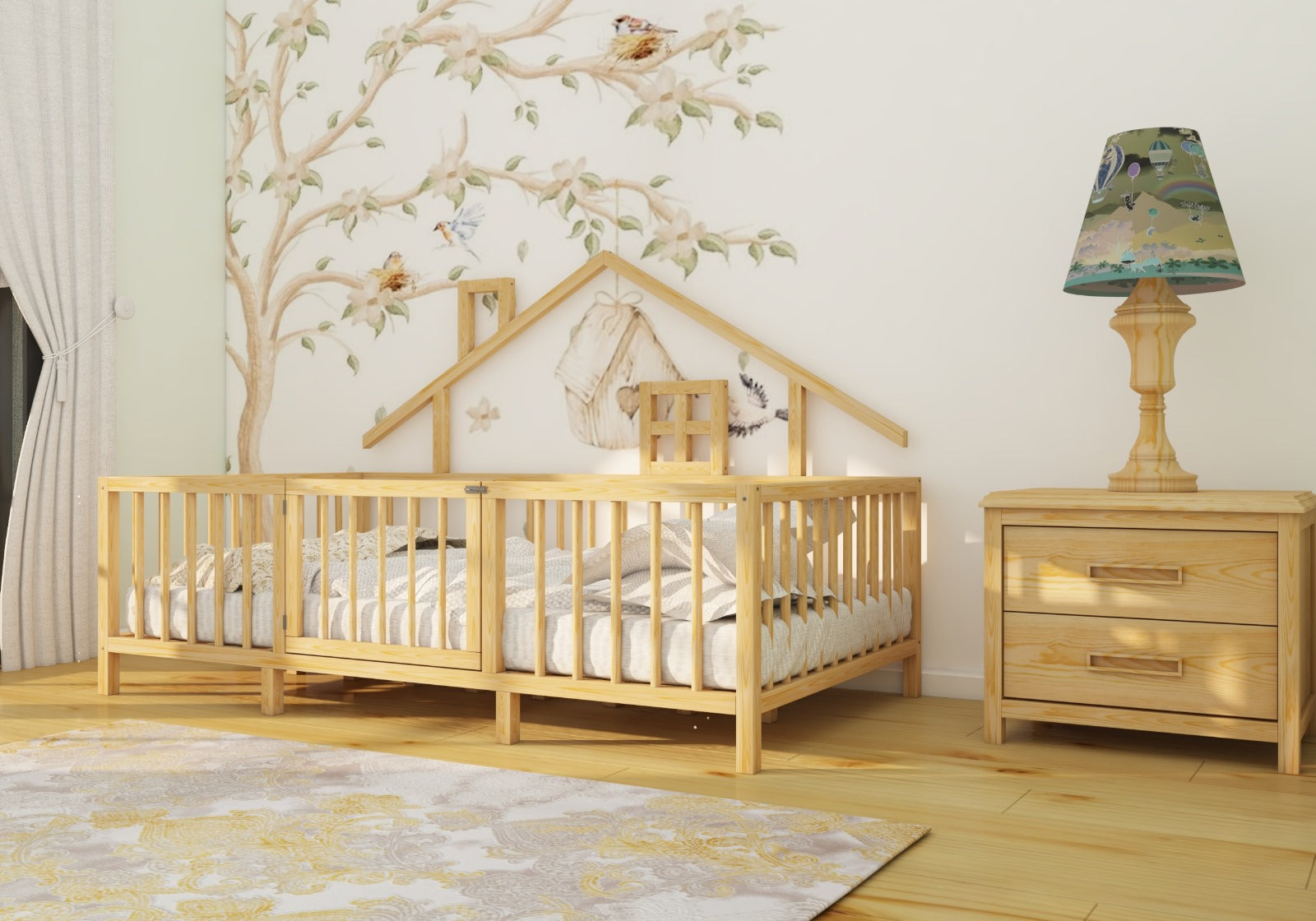 Montessori Natural Wooden Kids Bed with Roof and Legs